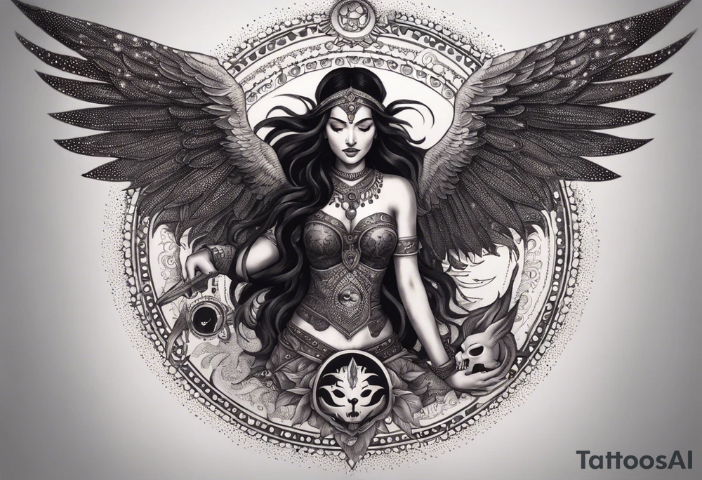 black kali, goddess pirate, alien, angel, pachamama, valkrye, warrior, flying, skull, lotus azul, wing, eagle, zenza resonance, stars, 5D, anahata chakra, death, durga, riding on a tiger, flying lady, chest tatoo tattoo idea
