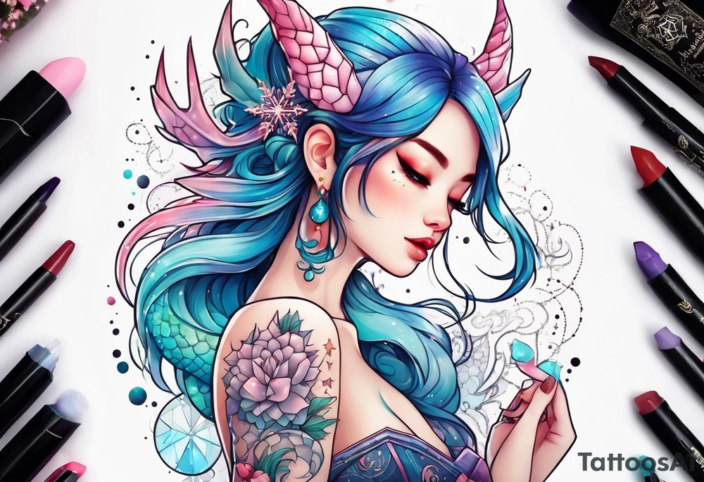 Constellation, kawaii dragon girl , snowflake tattoo idea