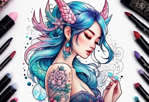Constellation, kawaii dragon girl , snowflake tattoo idea