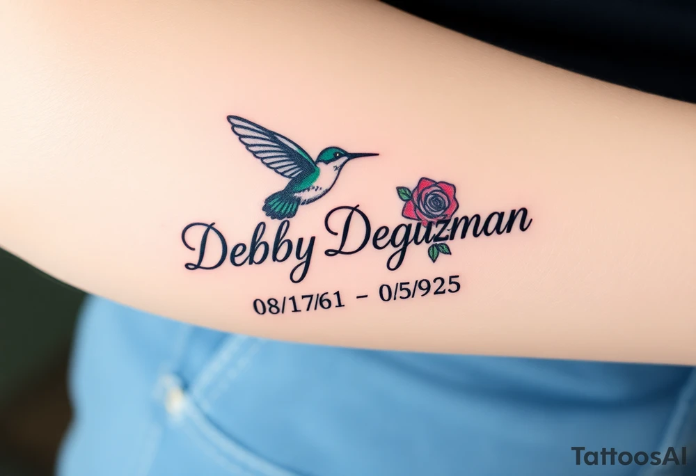 Cursive name Debby Deguzman surrounded by a hummingbird a rose and these dates 08/17/61 - 05/29/25 tattoo idea