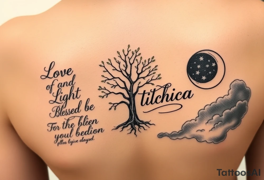 I want an open book and scripted on the left side of the pages and love and light blessed be on the right side of the pages the name tichica with the tree of life growing through the pages music notes dancing around it a crescent moon on the right side with a starry night background and dark clouds tattoo idea