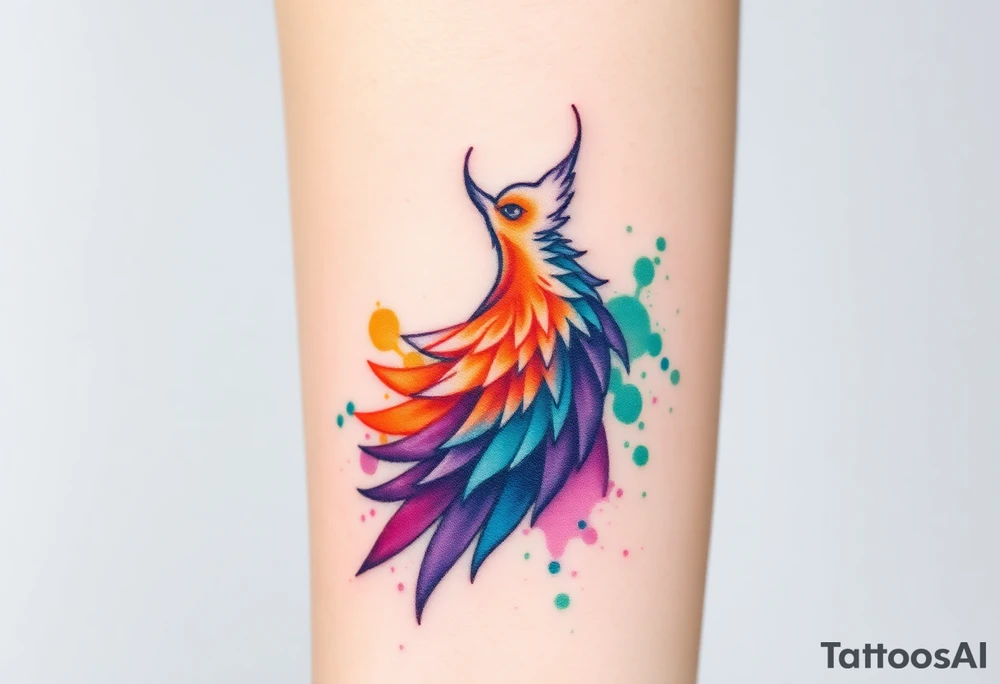 Phoenix in a fire with purple, blue, orange, teal and green splashes, looking upwards with a fierce eye. No black outline. tattoo idea