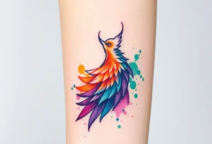Phoenix in a fire with purple, blue, orange, teal and green splashes, looking upwards with a fierce eye. No black outline. tattoo idea