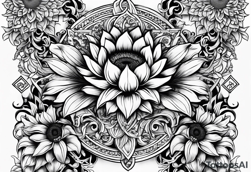 NAJE in edwardian script surrounded by symmetrical sunflowers tattoo idea NAJE in edwardian script surrounded by symmetrical sunflowers tattoo idea