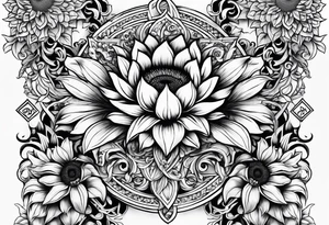 NAJE in edwardian script surrounded by symmetrical sunflowers tattoo idea