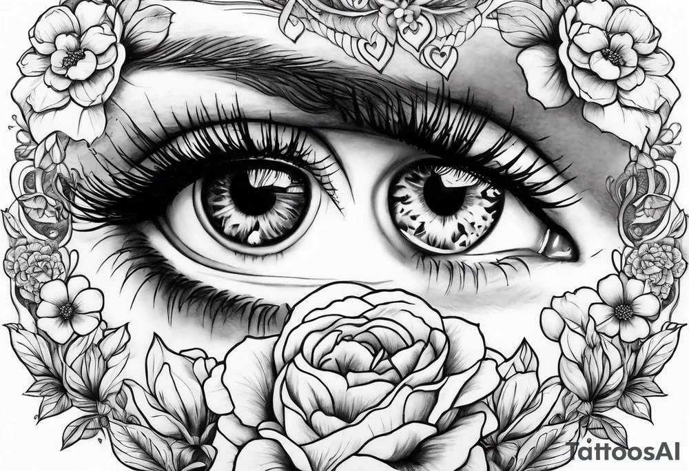 Hearts and flowers with an eye with two girls inside the pupil tattoo idea