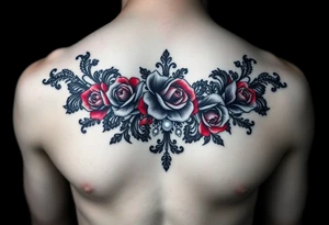 Black and red lace add pearls and roses. tattoo for female chest tattoo idea