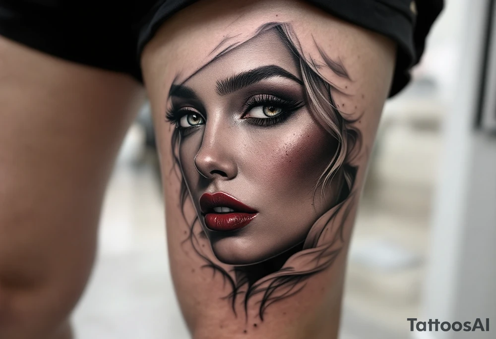 Classic black and grey portrait with only the beauty mark and lips in wine red. tattoo idea