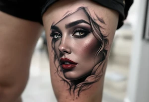 Classic black and grey portrait with only the beauty mark and lips in wine red. tattoo idea