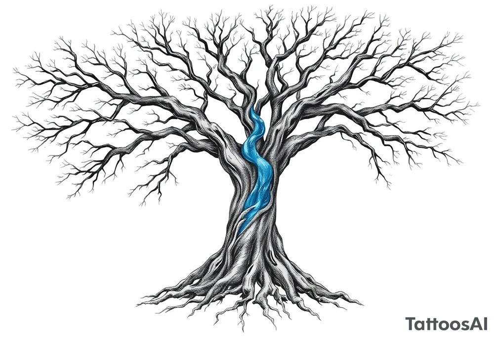 Black and white deciduos Tree with roots. Blue water inside the whole tree like many thin veins, flows from the brunches to the roots tattoo idea