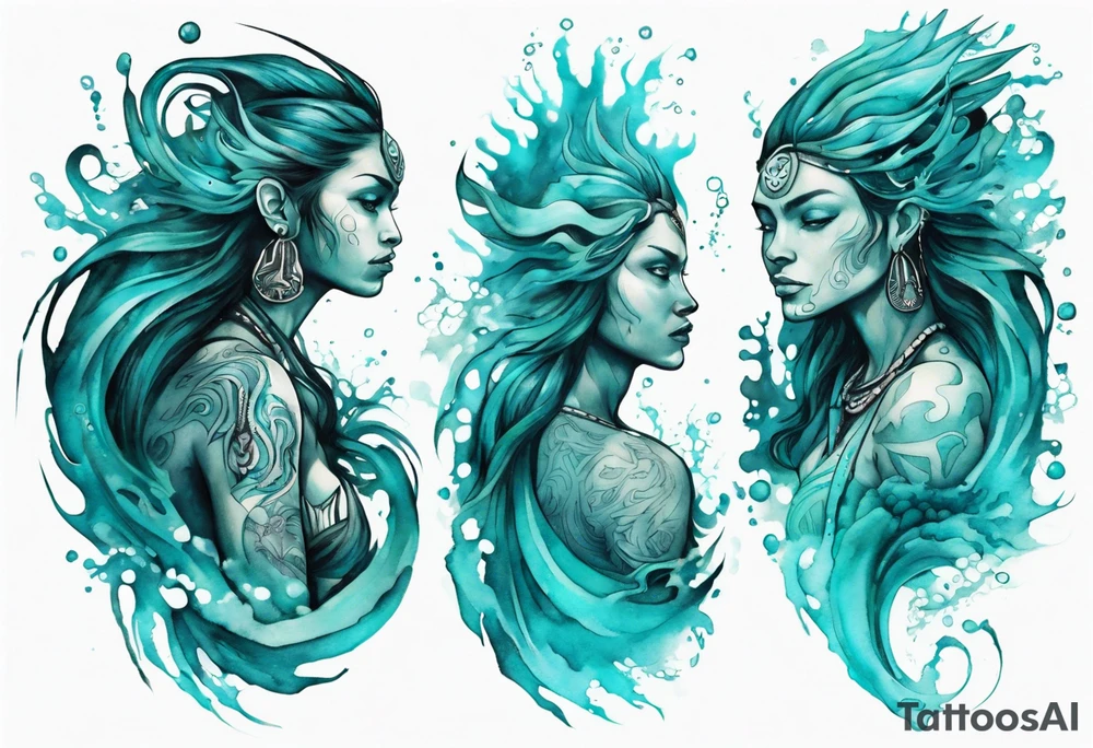 a turquoise Na'vi woman standing in the sea surrounded by crashing waves tattoo idea