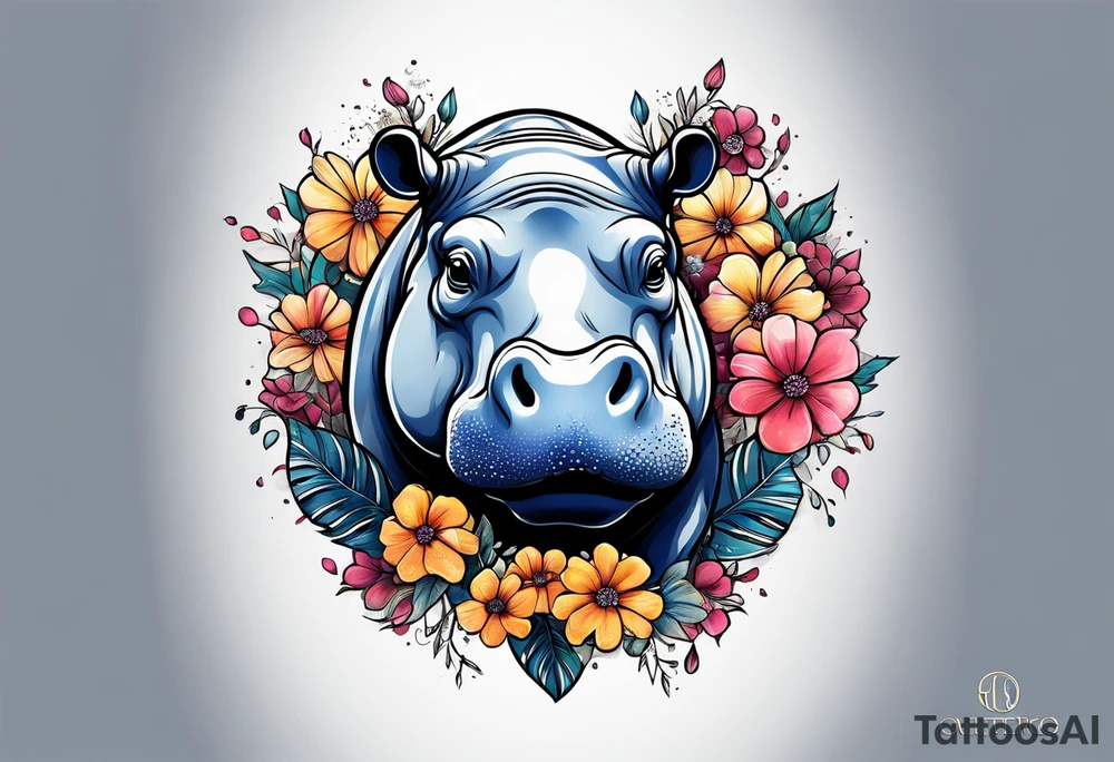 cute hippo with flowers tattoo idea