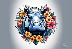 cute hippo with flowers tattoo idea