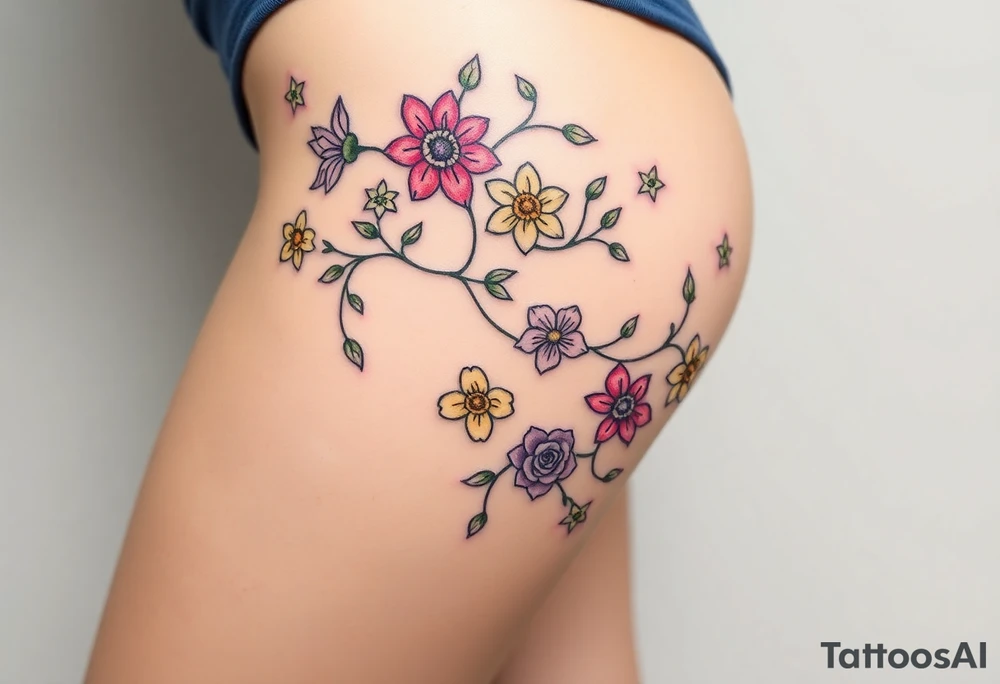 Vine with alternating flowers daffodil,
Lily, chrysanthemum, rose, aster, narcissus tattoo idea