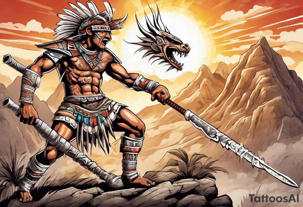 aztec warrior with a Macuahuitl fighting against a dragon in the mountains as the sun is rising tattoo idea