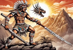 aztec warrior with a Macuahuitl fighting against a dragon in the mountains as the sun is rising tattoo idea