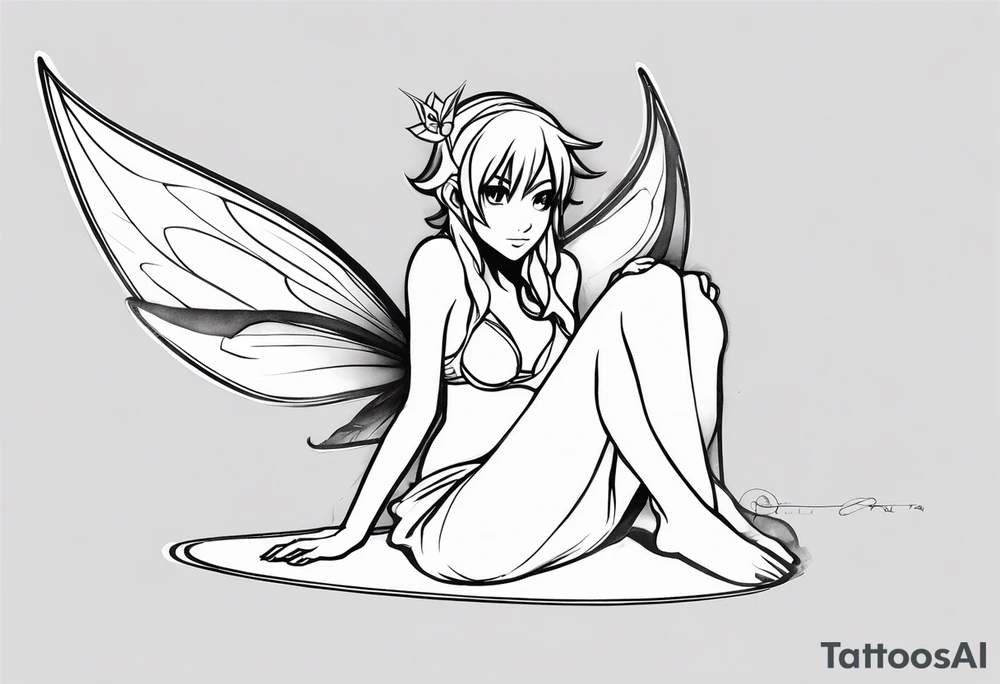 No color sketch of a fairy with a tail inspired by the guild symbol in the anime show called Fairy Tail in a fetal position leaning forward while crawled in and her body is an angle while floating in the air with big wings tattoo idea