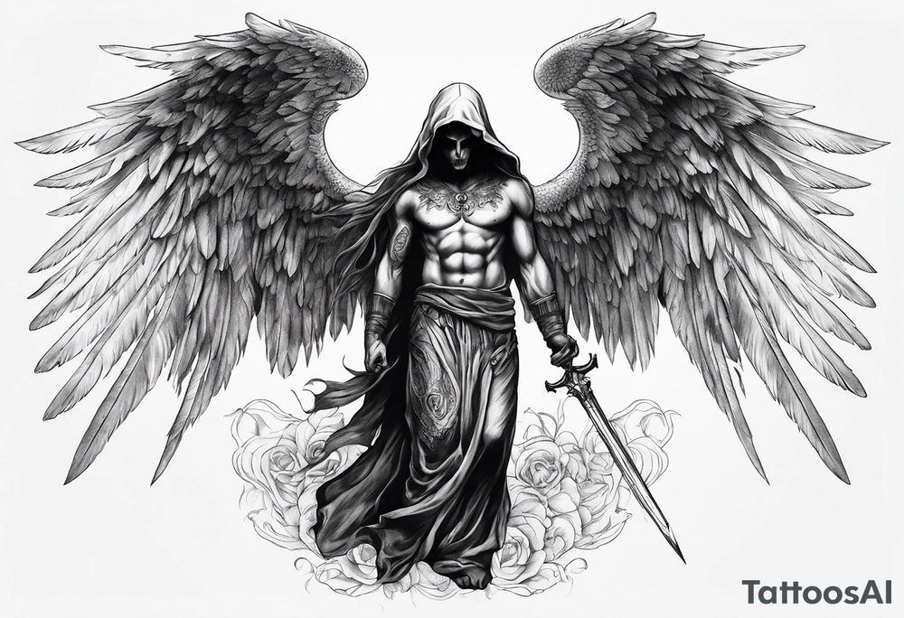 realistic full body of angel of death, without face, man tattoo idea
