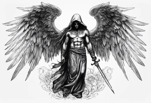 realistic full body of angel of death, without face, man tattoo idea