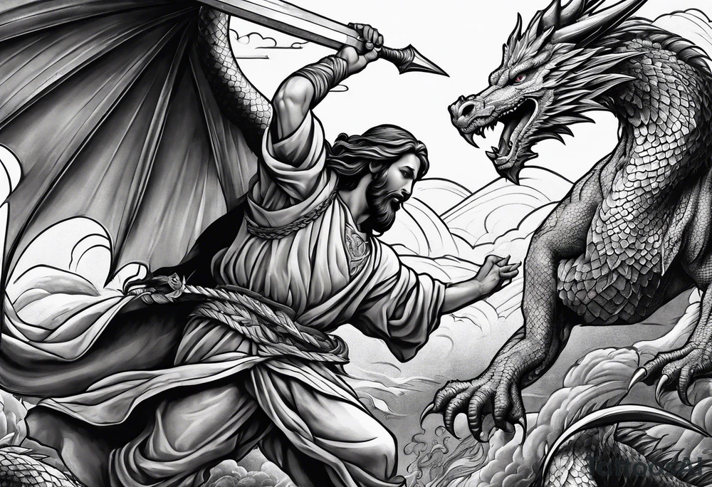 Jesus stabbing a dragon with javelin tattoo idea
