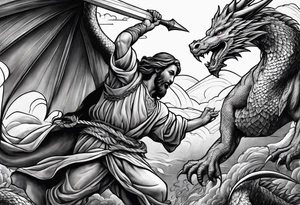 Jesus stabbing a dragon with javelin tattoo idea