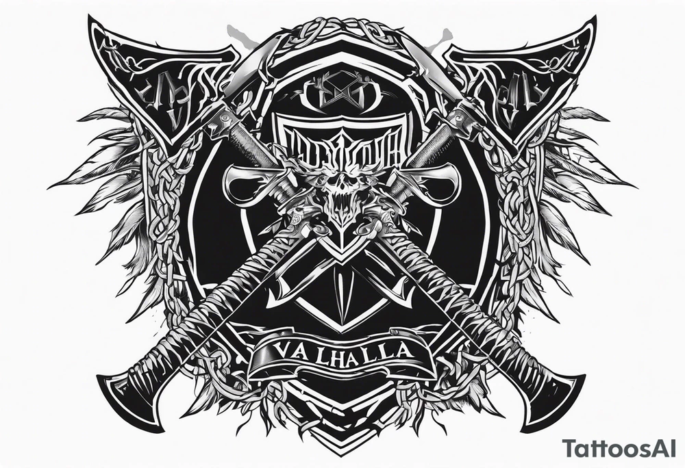 Valhalla sword shield axe barbed wire chains dark cloud tattoo idea