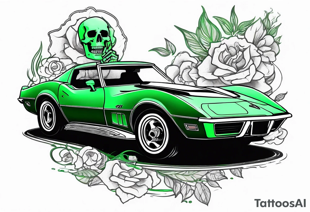 A skeleton smoking a cigarette driving a 1976 green Corvette tattoo idea