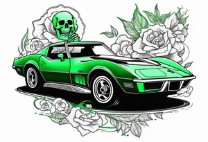 A skeleton smoking a cigarette driving a 1976 green Corvette tattoo idea