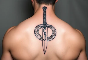 mystical snake coiled around an ancient dagger with jeweled hilt tattoo idea