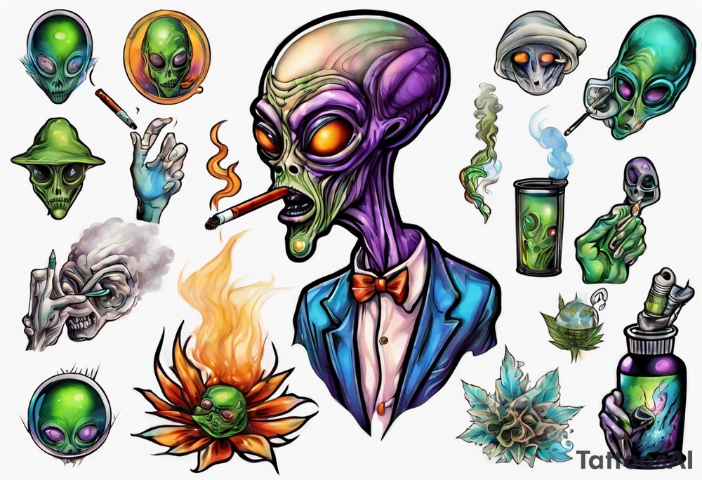 An alien  smoking a spliff tattoo idea