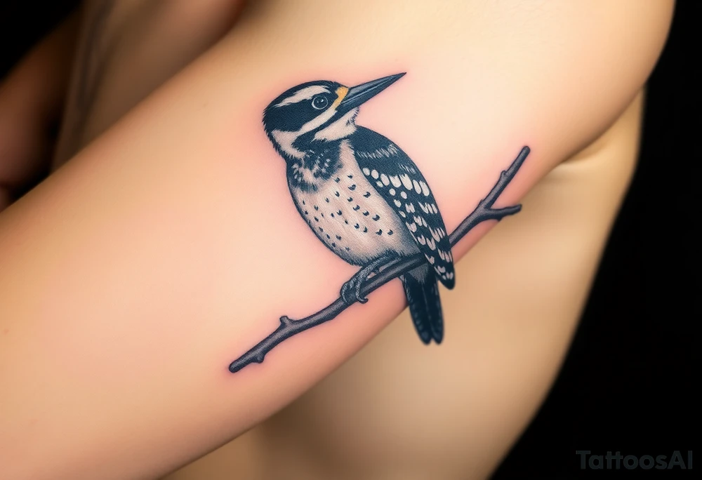 Great spotted woodpecker sitting on a branch tattoo idea