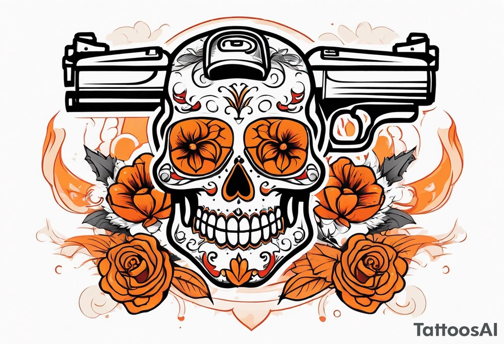 Orange Sugar skull with guns that are orange and red with smoke around it tattoo idea