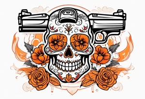 Orange Sugar skull with guns that are orange and red with smoke around it tattoo idea