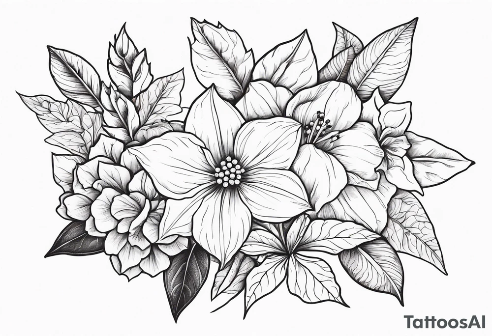 Hydrangea, Narcissus, Poinsettia, Holly, Gladiolus, Poppy, Daisy, Sweet Pea floral tattoo idea