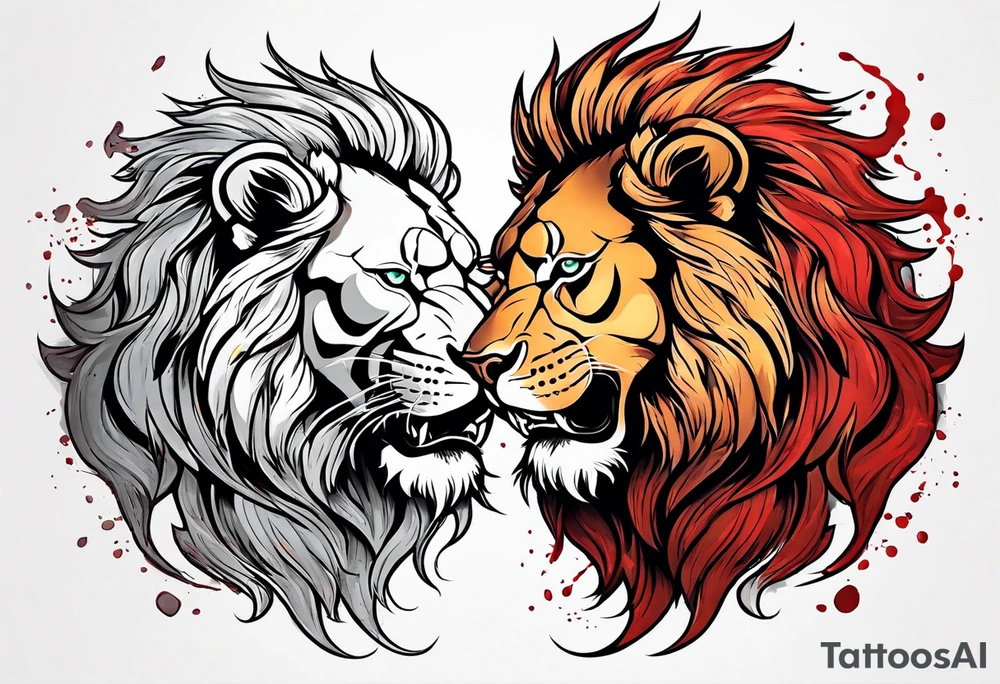 Two different colored lions fighting each other with blood tattoo idea