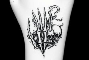 Hand tattoo four skeleton fingers fading into smoke with dead souls and skeleton heads on my forearm tattoo idea
