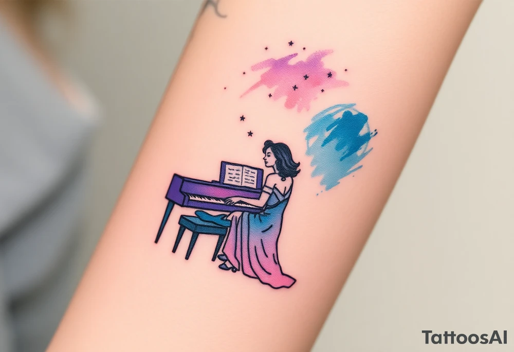 woman playing piano under the stars tattoo idea