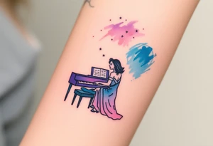 woman playing piano under the stars tattoo idea