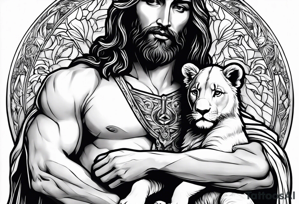 Jesus holding a lion cub tattoo idea