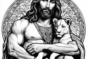Jesus holding a lion cub tattoo idea