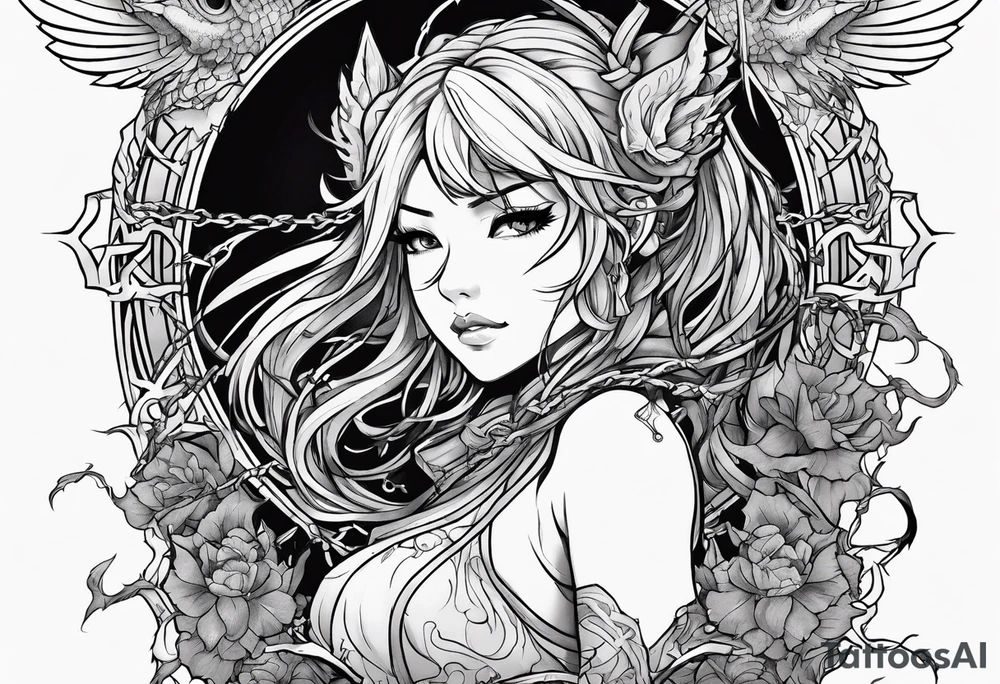 2 dimensional art of a bleeding anime girl surrounded by an asian gargoyle and barbed wire tattoo idea