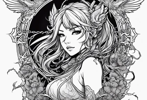 2 dimensional art of a bleeding anime girl surrounded by an asian gargoyle and barbed wire tattoo idea