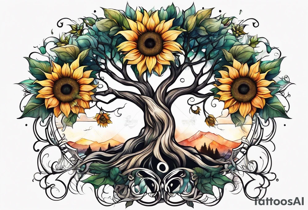 Feminine Yggdrasil tree with two sunflowers tattoo idea