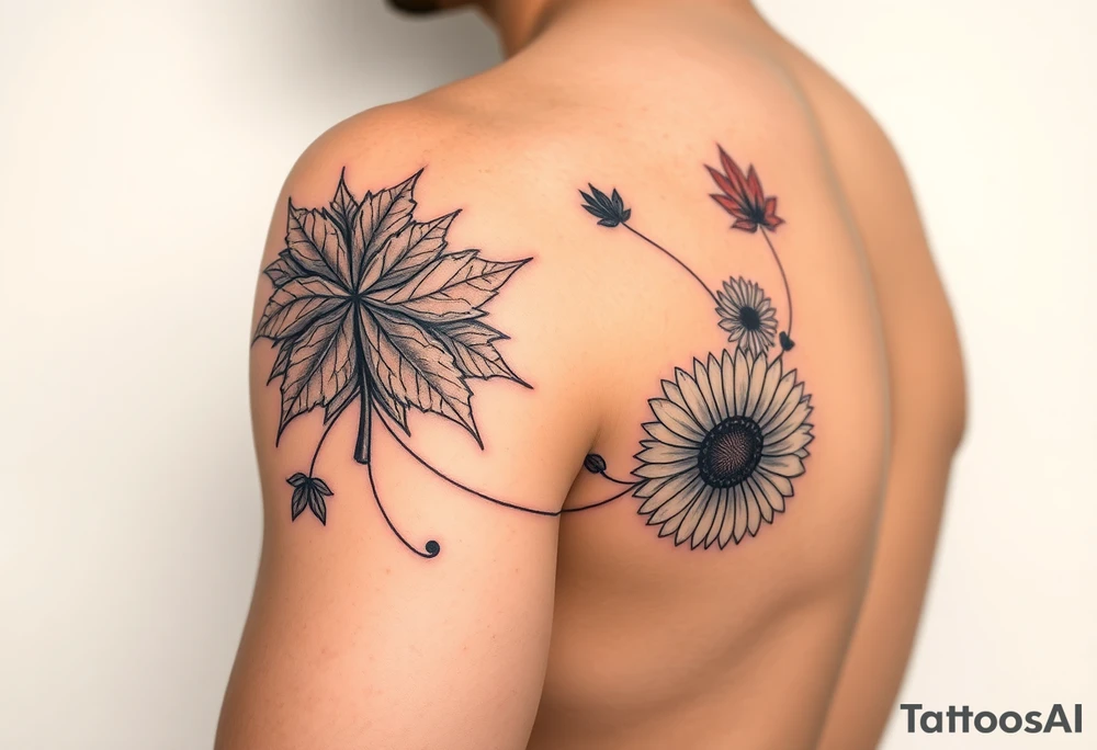 Arm sleeve with fall colored Maple leaves and gerbera daisies connected with thin swirly lines tattoo idea