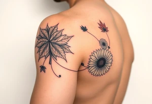 Arm sleeve with fall colored Maple leaves and gerbera daisies connected with thin swirly lines tattoo idea