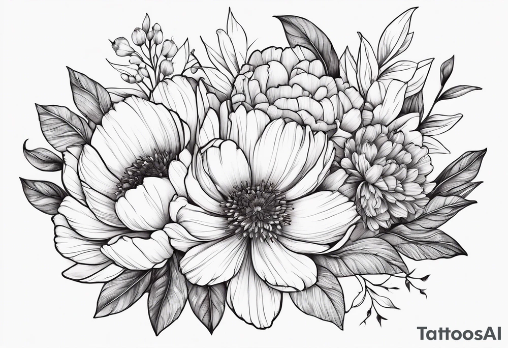 peony calendula sunflower tulip cherry blossom and ginko leaf tattoo idea