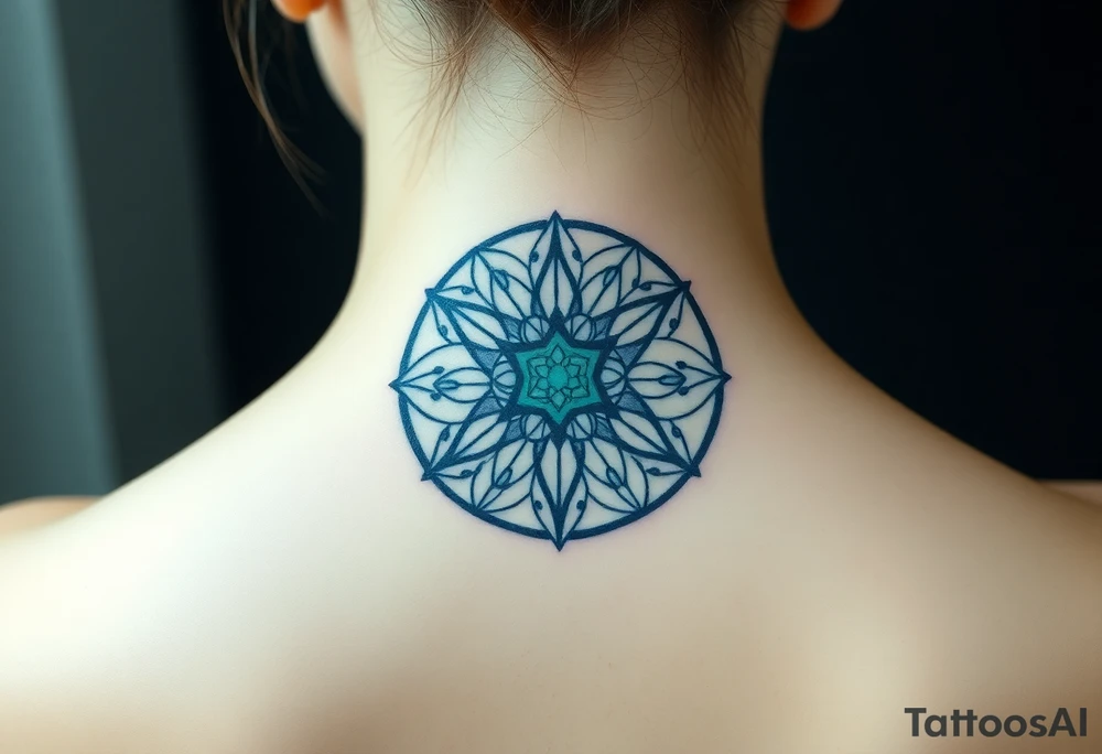 A symmetrical Flower of Life with hexagonal crystal and geometrical details in round cyrcle, enhancing its sacred geometric nature. tattoo idea