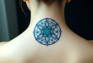 A symmetrical Flower of Life with hexagonal crystal and geometrical details in round cyrcle, enhancing its sacred geometric nature. tattoo idea