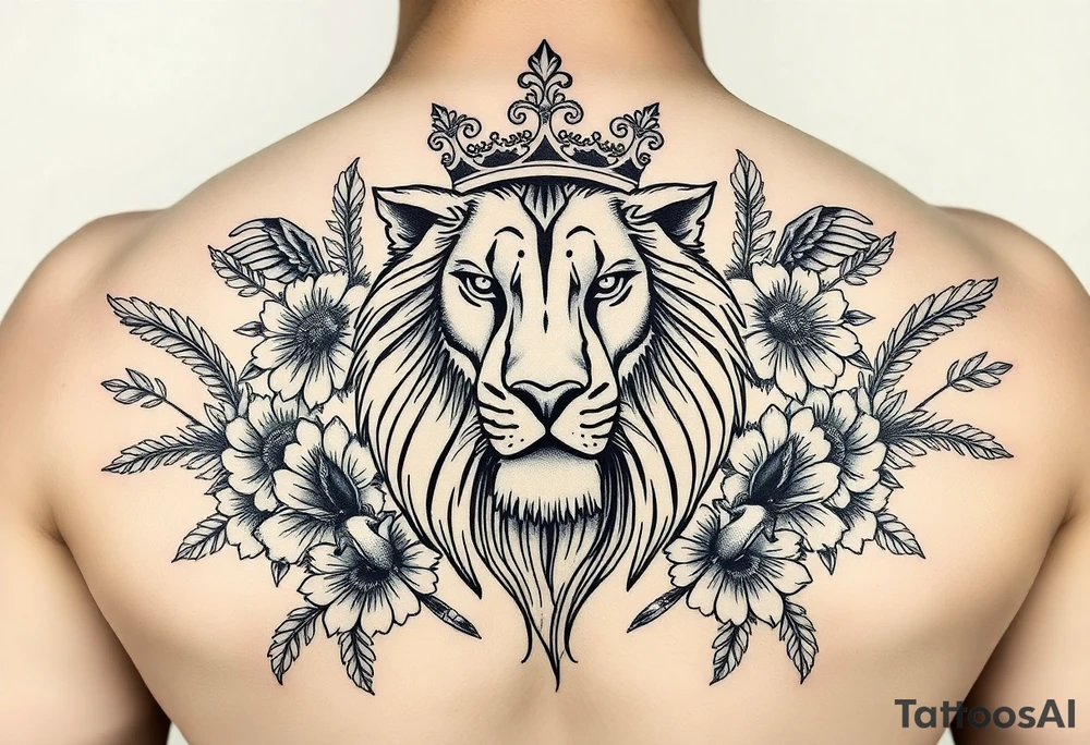 powerful majestic lion with a crown, surrounded by floral ornaments and birds tattoo idea