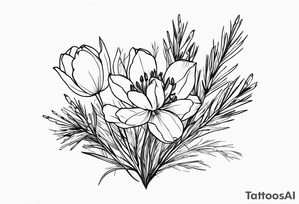 tulip and indian paintbrush flowers in a bouquet with pine branch and willow branch. minimalist, simple bouquet. small. tattoo idea